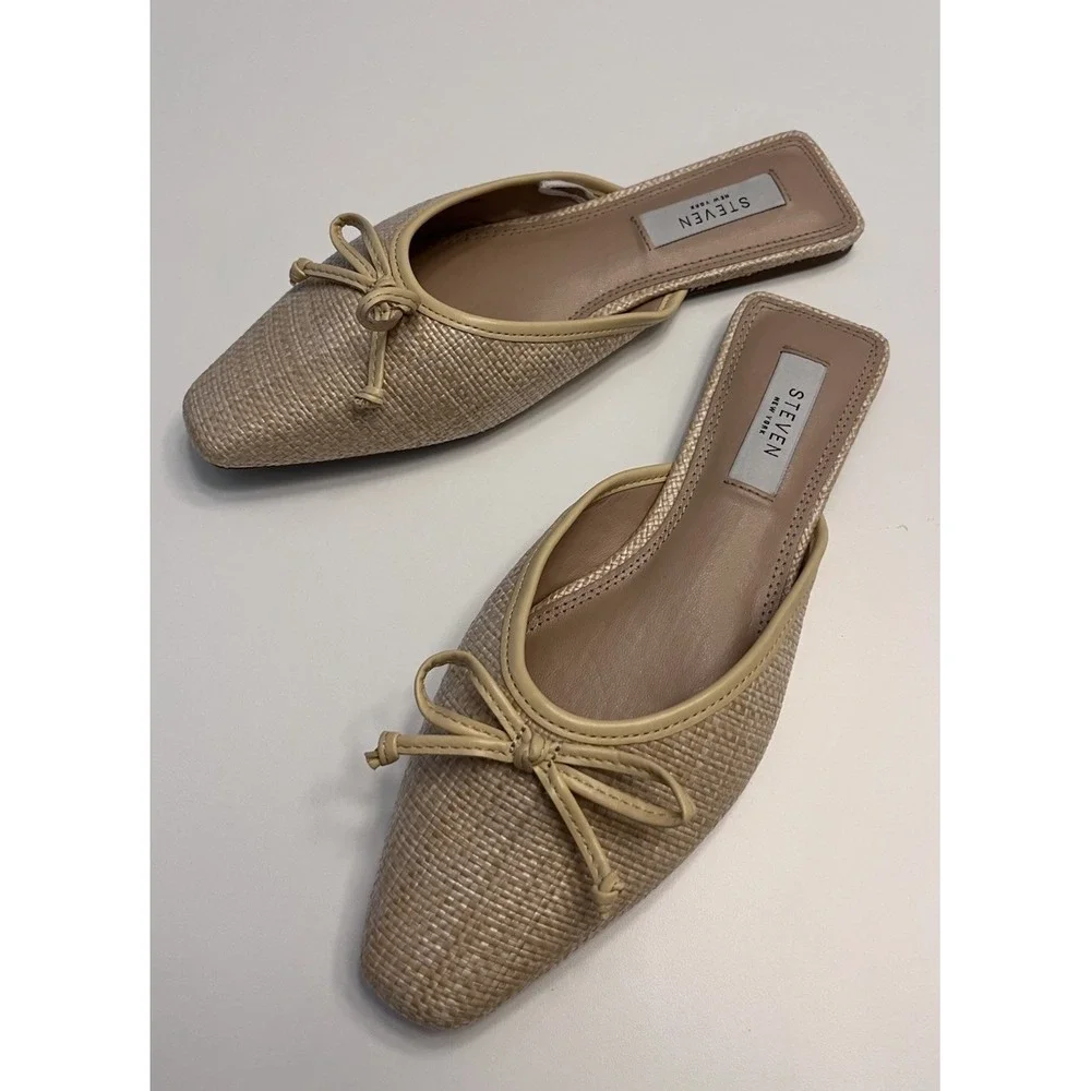 New STEVEN New York Sz 8.5M Celeste Flats Raffia Flats Bow Tan Steve Madden NWOB